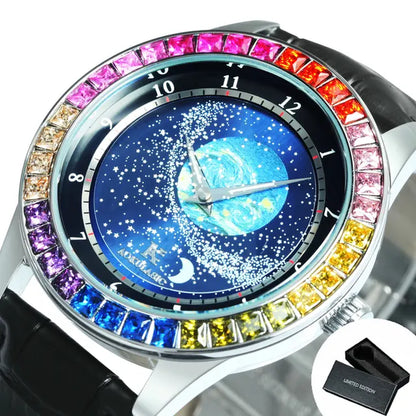 Mens Luxury 45mm Rainbow Bezel Automatic Earth and Stars Watch