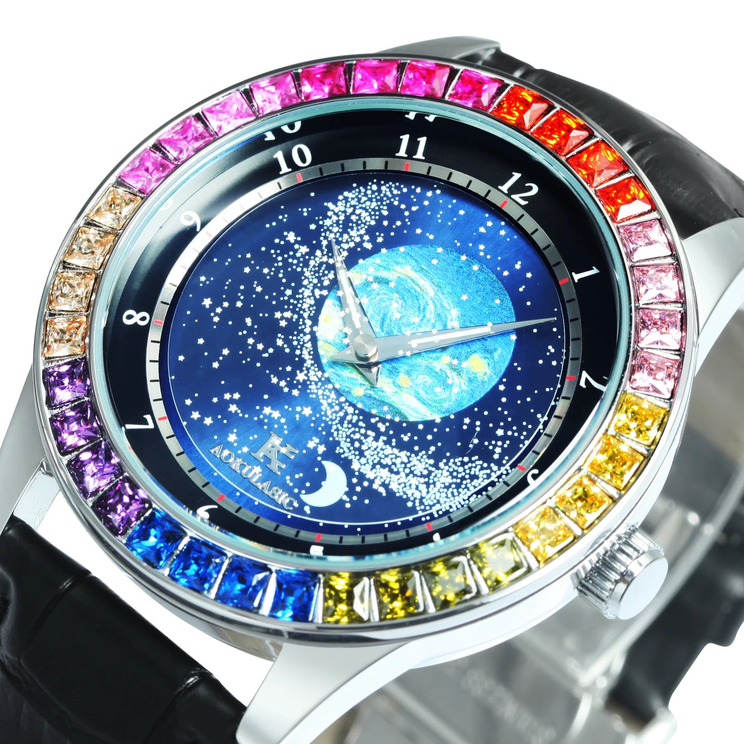 Mens Luxury 45mm Rainbow Bezel Automatic Earth and Stars Watch