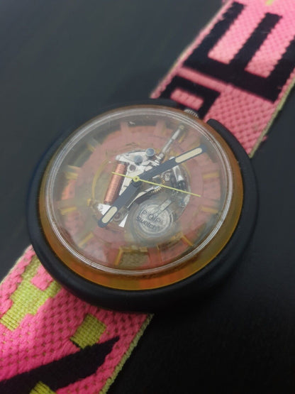 *RARE 1988* POP SWATCH WATCH YELLOW SKELETON BLACK CASE PINK STRAP WITH BOX.