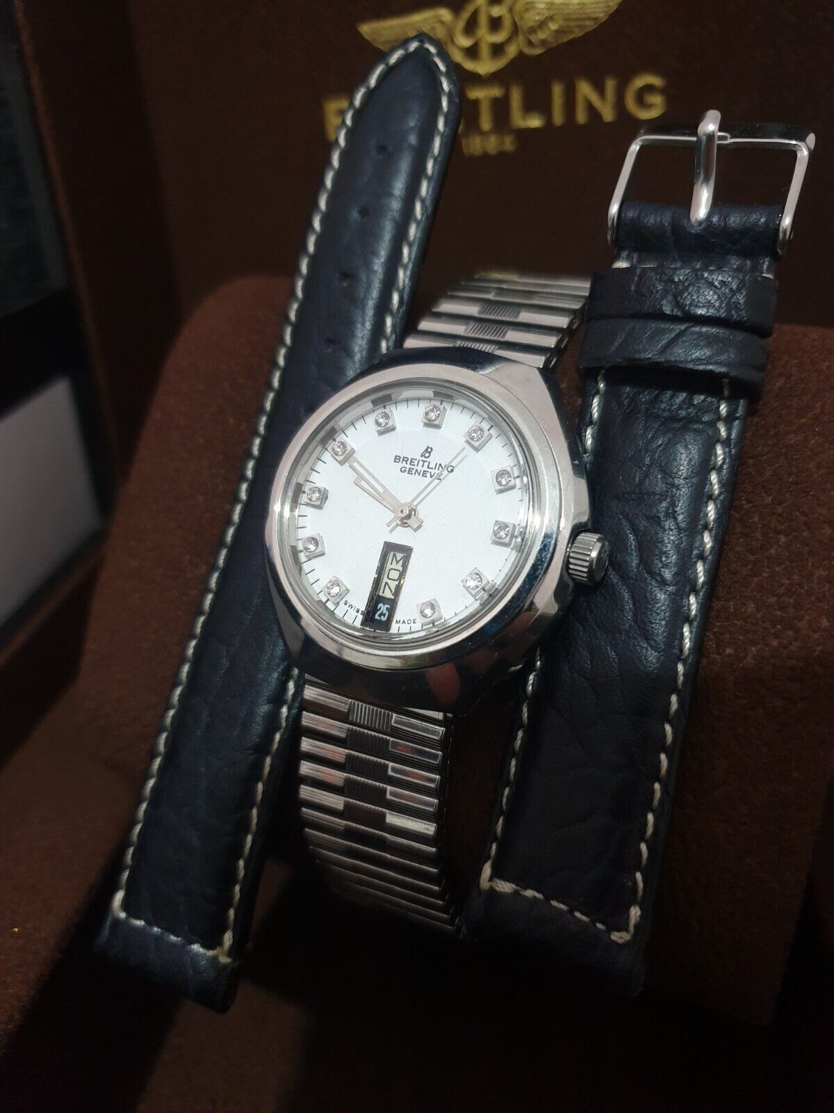 *FREE METAL STRAP* 1960s 35mm BOXED BREITLING MENS DIAMOND WRIST WATCH VINTAGE